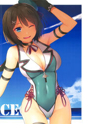  1girl absurdres adapted_costume arm_up bare_shoulders beret black_gloves blue_eyes blue_sky bow breasts brown_hair choker cleavage cloud collarbone covered_navel day gloves hair_ornament hat highleg highleg_swimsuit highres holding horosuke kantai_collection large_breasts mayachi_(amuriya) ocean one-piece_swimsuit one_eye_closed open_mouth outdoors sailor_collar scan shiny_clothes shiny_skin short_hair simple_background sky sleeveless smile solo swimsuit thighhighs thighs water x_hair_ornament zipper zipper_pull_tab 