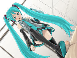  1boy 1girl aqua_eyes aqua_hair bad_id bad_pixiv_id bootjob boots breasts covered_erect_nipples detached_sleeves dutch_angle femdom forced hatsune_miku headset hetero long_hair necktie panties penis pierre_iwashi precum shoejob skirt small_breasts smile striped_clothes striped_panties thigh_boots thighhighs twintails underwear upskirt very_long_hair vocaloid  rating:Explicit score:70 user:danbooru