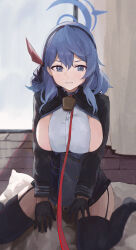  1girl ako_(blue_archive) bell black_garter_straps black_gloves black_jacket black_thighhighs blue_archive blue_eyes blue_hair breasts garter_straps gloves halo highres indoors jacket jianjia large_breasts leash looking_at_viewer neck_bell shirt sideboob sitting solo thighhighs viewer_holding_leash wariza white_shirt 