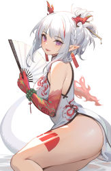  1girl arknights ass bracelet china_dress chinese_clothes dress fan highres holding horns jewelry looking_at_viewer multicolored_hair nekojira nian_(arknights) nian_(unfettered_freedom)_(arknights) pointy_ears purple_eyes solo streaked_hair thigh_tattoo white_hair 