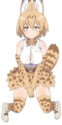  1girl animal_ears bare_shoulders blonde_hair blush boots bow bowtie breasts button_gap cleavage earthisfire elbow_gloves extra_ears gloves high-waist_skirt highres kemono_friends looking_at_viewer print_bow print_bowtie print_gloves print_skirt serval_(kemono_friends) serval_print shirt short_hair sitting skirt sleeveless smile solo tail thighhighs traditional_bowtie white_footwear white_shirt yellow_eyes zettai_ryouiki 