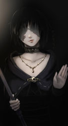  1girl black_hair choker demon&#039;s_souls dress female_focus from_software gradient_background highres jewelry lgreen long_hair maiden_in_black necklace solo staff 