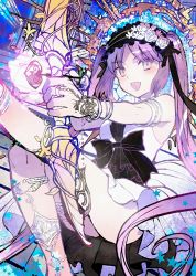  1girl absurdly_long_hair akira_(kaned_fools) armlet arrow_(projectile) asakawa_yuu bare_shoulders beads black_ribbon bow bow_(weapon) bracelet dress euryale_(fate) euryale_(third_ascension)_(fate) eyebrows fate/grand_order fate/hollow_ataraxia fate_(series) flower hair_ornament hairband halo holding holding_weapon jewelry legband lolita_hairband long_hair looking_at_viewer official_art open_mouth pink_eyes pink_hair purple_eyes purple_hair resized ribbon solo twintails upscaled very_long_hair waifu2x weapon white_dress 