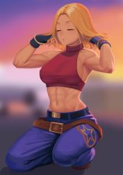  1girl abs armpits arms_up bare_arms bare_shoulders belt belt_buckle belt_skirt black_belt black_gloves blonde_hair blue_mary blue_pants blurry blurry_background breasts brown_belt brown_footwear buckle commentary_request crop_top closed_eyes facing_viewer fatal_fury fingerless_gloves full_body gloves halterneck halterneck hands_in_hair highres medium_breasts medium_hair midriff muscular muscular_female navel pants parted_lips ranma_(kamenrideroz) red_shirt shirt sidelocks sleeveless sleeveless_shirt snk solo squatting taut_clothes taut_shirt the_king_of_fighters  rating:Sensitive score:30 user:danbooru