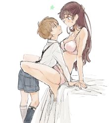 1boy 1girl age_difference aono_nachi arm_support assertive_male barefoot bra breasts brown_hair child collared_shirt couple face-to-face from_side hetero leaning_back leaning_forward long_hair medium_breasts on_bed onee-shota panties pink_bra pink_panties profile shirt short_hair shorts simple_background sitting smile socks star_(symbol) suspenders underwear white_background white_shirt  rating:Sensitive score:157 user:ponekad