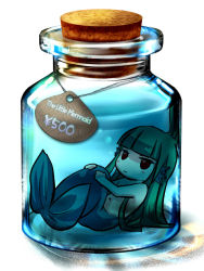 1girl bad_id bad_pixiv_id blunt_bangs blush_stickers bottle bottle_meme_(pixiv) chibi completely_nude cork fins green_hair head_fins hioki_akane in_bottle in_container jar jitome knees_to_chest long_hair looking_at_viewer mermaid monster_girl nude price_tag pun reclining simple_background solo the_little_mermaid the_little_mermaid_(andersen) water white_background rating:Sensitive score:19 user:danbooru