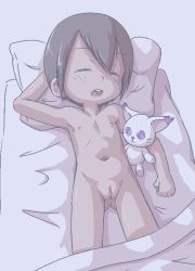  1girl arm_behind_head arm_up armpits bed bed_sheet blanket blush brown_hair character_doll cleft_of_venus closed_eyes dark digimon digimon_(creature) digimon_adventure doll female_focus flat_chest loli lying navel nipples nude on_back open_mouth pillow pussy sakuramoto short_hair sleeping solo stuffed_animal stuffed_toy tailmon uncensored yagami_hikari  rating:Explicit score:109 user:sytalidis