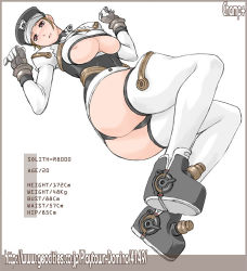  1girl areola_slip ass atlus belt boots breasts brown_eyes brown_hair champ+ curvy gloves gouketsuji_ichizoku groove_on_fight hat huge_ass huge_breasts lying police police_uniform policewoman solis_r8000 solo thighhighs underboob uniform white_thighhighs  rating:Questionable score:43 user:danbooru