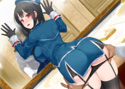10s 1girl admiral_(kancolle) against_mirror ass ass_grab beret black_gloves black_hair black_panties black_thighhighs blue_hat blue_jacket blue_skirt blush breasts from_behind garter_straps gloves hat highres jacket kantai_collection kusaka_souji large_breasts long_sleeves looking_at_another looking_back mirror open_mouth panties panty_pull red_eyes reflection short_hair skirt solo_focus takao_(kancolle) thighhighs underwear rating:Questionable score:93 user:danbooru
