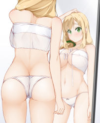 1girl ass blonde_hair breasts butt_crack commentary covered_erect_nipples green_eyes hinata_masaki large_breasts long_hair mirror original panties reflection solo standing underwear underwear_only white_panties rating:Questionable score:36 user:danbooru
