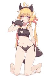 1girl absurdres animal_ears aoi_tori arm_behind_back bare_legs barefoot blonde_hair blush blush_stickers bra breasts brown_bra brown_panties cat_cutout cat_ear_panties cat_lingerie chieri-chan_(aoi_tori) cleavage cleavage_cutout clothing_cutout commentary fake_animal_ears full_body hand_up highres kneeling long_hair looking_at_viewer meme_attire navel orange_eyes original panties simple_background solo stomach tail toes tongue tongue_out twintails underwear white_background 