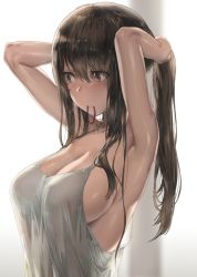 1girl absurdres armpits arms_up bad_id bad_twitter_id black_hair blouse blush breasts brown_eyes cleavage free_style_(yohan1754) hair_between_eyes highres large_breasts long_hair mouth_hold see-through shiny_skin shirt sideboob solo tank_top white_shirt rating:Questionable score:110 user:danbooru