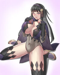  1girl alboeire blush breasts cameltoe cape cleavage covered_navel female_focus fire_emblem fire_emblem_fates full_body high_heels huge_breasts kneeling leotard long_hair looking_at_viewer matching_hair/eyes nail_polish nintendo rhajat_(fire_emblem) solo stirrup_legwear thighhighs toeless_legwear toenail_polish toenails 
