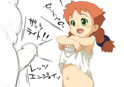  1boy 1girl age_difference anne_of_green_gables anne_shirley blush bottomless bow braid erection fang green_eyes hair_bow hetero lifted_by_self loli low_twin_braids medaka_ken&#039;ichi navel open_mouth red_hair simple_background smile teasing twin_braids undressing white_background world_masterpiece_theater 