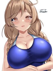  1girl alternate_breast_size blue_one-piece_swimsuit blush braid breasts cleavage collarbone competition_swimsuit covered_navel dated highres kantai_collection large_breasts light_brown_hair long_hair looking_at_viewer low_twin_braids minegumo_(kancolle) montemasa one-hour_drawing_challenge one-piece_swimsuit open_mouth red_eyes solo swimsuit twin_braids twitter_username two-tone_swimsuit upper_body 