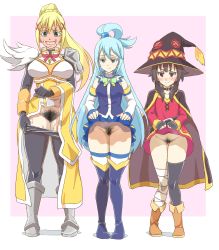 3girls aqua_(konosuba) armor armored_boots bandaged_leg bandages bare_shoulders belt_collar black_cape black_hair blonde_hair blue_eyes blue_hair blue_skirt blue_vest blush boots bow breasts camekirin cape clothes_lift clothes_pull collar collarbone darkness_(konosuba) detached_sleeves dress dress_lift excessive_pubic_hair female_pubic_hair fingerless_gloves flat_chest gloves green_bow green_eyes hair_between_eyes hair_bobbles hair_ornament hat highres kono_subarashii_sekai_ni_shukufuku_wo! large_breasts leg_wrap lifted_by_self long_hair looking_at_viewer matching_hair/eyes medium_breasts medium_hair megumin mismatched_pubic_hair multiple_girls no_panties pantyhose pantyhose_pull pink_background ponytail pubic_hair pulled_by_self red_bow red_dress red_eyes shoulder_armor sidelocks simple_background skirt skirt_lift smile smirk source_request sweat nervous_sweating tagme tearing_up thigh_boots thighhighs two-tone_background very_long_hair vest white_background witch_hat x_hair_ornament rating:Explicit score:278 user:TOSJedi