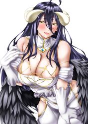  1girl albedo_(overlord) antenna_hair bare_hips bare_shoulders black_feathers blue_hair blush breasts cleavage collar cowboy_shot curled_horns dark_blue_hair demon_girl demon_horns detached_collar detached_sleeves dress eyebrows feathered_wings feathers female_focus gloves half-closed_eyes hand_on_own_chest hand_on_own_thigh horns large_breasts leaning_forward lips long_hair looking_at_viewer low_wings naughty_face off-shoulder_dress off_shoulder open_mouth overlord_(maruyama) pipienpippi simple_background smile solo standing tongue two-tone_collar two-tone_dress white_background white_collar white_dress white_gloves white_horns wide_hips wings yellow_collar yellow_eyes 