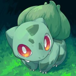  bright_pupils bulbasaur colored_skin creatures_(company) game_freak gen_1_pokemon grass green_skin highres looking_at_viewer nintendo no_humans pokemon pokemon_(creature) red_eyes sharpski solo white_pupils 