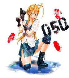1girl absurdres antenna_hair boots breasts brown_hair female_focus gloves gun handgun highres highschool_of_the_dead knee_pads large_breasts long_hair miniskirt miyamoto_rei official_art pistol red_eyes satou_shouji school_uniform sig_sauer skirt smile solo torn_clothes weapon wet rating:Questionable score:24 user:arutos