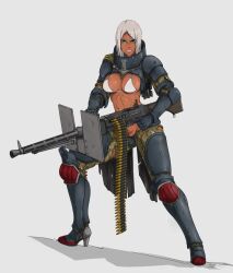  1girl adepta_sororitas ammunition ammunition_belt armor armored_boots automatic_rifle bikini bikini_top_only blue_eyes boots breasts clenched_teeth counter cuisses dark-skinned_female dark_skin facial_scar female_soldier full_body gauntlets gorget greaves grey_background gun high_heels holding holding_gun holding_weapon knee_pads looking_at_viewer medium_breasts pants pauldrons rifle scar scar_on_cheek scar_on_face shadow shoulder_armor sirpetus soldier solo standing swimsuit teeth torn_clothes torn_pants vambraces weapon white_bikini white_hair  rating:General score:6 user:jbnp5
