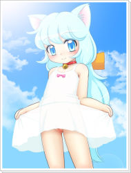  animal_ears bell blue_eyes blue_hair blush bow cleft_of_venus clothes_lift cloud collar dress dress_lift image_sample long_hair miyanii_(myanie) neck_bell no_panties pixiv_sample pussy pussy_peek see-through sky smile source_request  rating:Explicit score:35 user:dark86