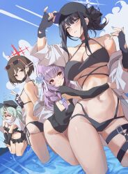  &gt;_&lt; 4girls absurdres adjusting_clothes adjusting_headwear alternate_costume alternate_hairstyle aqua_hair arius_squad_(blue_archive) atsuko_(blue_archive) bare_shoulders baseball_cap bikini black_bikini black_gloves black_hair black_headwear blue_archive blue_eyes blue_halo blue_nails blue_sky bow breasts brown_hair cleavage coat commentary_request eyewear_on_head fingerless_gloves fingernails from_behind gloves hair_ornament hair_over_one_eye halo halterneck hat highres hiyori_(blue_archive) hug korean_commentary large_breasts long_hair looking_at_viewer midriff misaki_(blue_archive) multiple_girls nail_polish netural no_mask off_shoulder open_mouth outdoors ponytail purple_hair red-framed_eyewear red_eyes red_halo saori_(blue_archive) short_hair sidelocks sky smile swimsuit v wading white_coat  rating:Sensitive score:24 user:danbooru