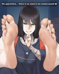  1girl barefoot black_hair blue_eyes elden_ring feet highres light_blush long_hair looking_at_viewer parted_lips scathegrapes soles sorceress_sellen toes 