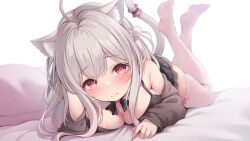  1girl ahoge animal_ear_fluff animal_ears black_bra black_shirt blush bra breast_press breasts cat_ears cat_tail cleavage closed_mouth commentary_request grey_hair hair_between_eyes hand_in_own_hair highres indie_virtual_youtuber legs_up long_hair lying male_focus medium_breasts official_art on_stomach red_eyes shirt sidelocks simple_background solo tail tail_scrunchie the_pose thighhighs toyosaki_shu uise_iu underwear virtual_youtuber white_background white_thighhighs  rating:Sensitive score:6 user:danbooru