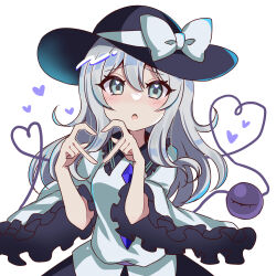  1girl :o absurdres alternate_color alternate_hair_length alternate_hairstyle black_hat blush bow buttons commentary diamond_button double-parted_bangs eyelashes floating_hair frilled_shirt_collar frilled_sleeves frills green_eyes grey_hair hair_between_eyes hands_up hat hat_bow heart heart_hands heart_in_eye heart_of_string highres koishi_day komeiji_koishi long_hair long_sleeves looking_at_viewer lovestruck open_mouth shirt sidelocks simple_background solo subaru_(subachoco) symbol_in_eye third_eye touhou tsurime upper_body white_background white_bow white_shirt wide_sleeves 