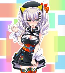  1girl :d alternate_costume bare_shoulders beret blush breasts cleavage commentary_request cosplay cowboy_shot curly_hair eyebrows grey_eyes hair_between_eyes hair_ornament hairpin hat highres kaguya_luna kaguya_luna_(character) kaguya_luna_(character)_(cosplay) kantai_collection kashima_(kancolle) large_breasts lipstick long_hair look-alike looking_at_viewer makeup open_mouth outline silver_hair sleeveless smile solo standing the_moon_studio thighhighs tk8d32 twintails virtual_youtuber waving white_outline zettai_ryouiki 