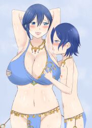  1boy 1girl age_difference alternate_hairstyle armpits blue_eyes blue_hair breasts breasts_squeezed_together brother_and_sister cosplay crossdressing femdom fire_emblem fire_emblem:_genealogy_of_the_holy_war fire_emblem_awakening fire_emblem_heroes grabbing grabbing_another&#039;s_breast groping hetero highres huge_breasts incest jewelry large_breasts lene_(fire_emblem) lene_(fire_emblem)_(cosplay) licking licking_armpit little_brother lucina_(fire_emblem) mature_female midriff morgan_(fire_emblem) morgan_(male)_(fire_emblem) navel necklace nintendo nipples no_bra no_panties open_mouth pelvic_curtain raigarasu revealing_clothes short_hair shota siblings smile sweat teenage_girl_and_younger_boy third-party_edit  rating:Questionable score:35 user:trw