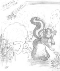 1girl @_@ animal_ears bird fart flower flying greyscale maid monochrome outdoors shaded_face sketch skirt skunk skunk_ears smell smoke solo spray surprised tail wide-eyed  rating:Questionable score:23 user:danbooru