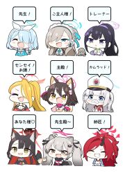  6+girls akane_(blue_archive) animal_ears arona_(blue_archive) asuna_(blue_archive) backpack bag black_choker black_dress black_hair black_horns black_sailor_collar black_scarf blonde_hair blue_archive blue_eyes blue_hair blue_halo blush blush_stickers braid breasts calciumin cherino_(blue_archive) choker cleavage coat colored_inner_hair dress extra_ears fake_facial_hair fake_mustache fox_ears fox_tail grey_hair grin hair_over_one_eye halo haori highres horns izuna_(blue_archive) japanese_clothes kimono large_breasts light_brown_hair long_hair long_sleeves michiru_(blue_archive) multicolored_hair multiple_girls neckerchief one_side_up open_mouth parted_lips pina_(blue_archive) pink_halo pink_scarf ponytail purple_eyes purple_halo raccoon_ears raccoon_tail randoseru red_hair red_halo red_kimono red_neckerchief renge_(blue_archive) sailor_collar scarf school_uniform serafuku short_hair short_sleeves simple_background single_braid single_horn small_breasts smile speech_bubble sumire_(blue_archive) tail twintails two_side_up wakamo_(blue_archive) white_background white_coat white_sailor_collar yellow_eyes 