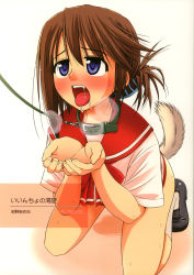00s 1girl bottomless breath brown_hair collar cover cover_page dog dog_tail drooling folded_ponytail hair_ornament hairclip highres kneeling komaki_manaka konno_azure leash looking_up saliva school_uniform serafuku solo tail to_heart_(series) to_heart_2 tongue tongue_out rating:Questionable score:10 user:danbooru