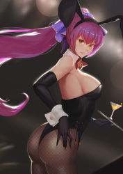absurdres alternate_hairstyle animal_ears ass black_leotard blush breasts cocktail_glass cup d.sum detached_collar drinking_glass fake_animal_ears fate/grand_order fate_(series) fishnet_pantyhose fishnets highres large_breasts leotard long_hair looking_back pantyhose parted_lips playboy_bunny ponytail rabbit_ears red_eyes scathach_(fate) solo strapless strapless_leotard tray unmoving_pattern very_long_hair wrist_cuffs rating:Sensitive score:8 user:danbooru