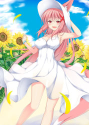 1girl animal_ears bare_shoulders blue_sky blush breasts cleavage cloud cloudy_sky collarbone commentary commentary_request day dress ears_through_headwear field flower flower_field fox_ears fox_tail hair_ribbon halter_dress halterneck hat highres kazamatsuri_kazari large_breasts long_hair looking_at_viewer mizuki_(kogetsu-tei) nature open_mouth original outdoors pink_hair red_eyes ribbon sky sleeveless sleeveless_dress smile solo strapless strapless_dress sun_hat sunflower sunflower_field tail very_long_hair white_dress white_hat yellow_flower