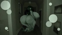  1girl ass backboob breasts dress female_focus from_behind full_body ghost gigantic_breasts glowing glowing_eyes huge_ass huge_breasts indoors looking_at_viewer looking_back profile sideboob solo standing thecon thecursedcon white_dress  rating:Questionable score:34 user:DatDoodDrewski