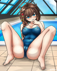  1girl ahoge arthur_ko barefoot blue_eyes blue_one-piece_swimsuit braid breasts brown_eyes cameltoe cleavage cleft_of_venus commission covered_erect_nipples covered_navel hair_flaps hair_over_shoulder highres indoors kantai_collection long_hair m_legs medium_breasts one-piece_swimsuit pixiv_commission pool rei_no_pool shigure_(kancolle) shigure_kai_san_(kancolle) single_braid sitting solo spread_legs swimsuit 
