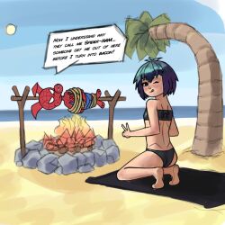  beach coconut_tree day fire fire_pit marvel palm_tree peni_parker pig rope sand sky spider-man_(series) spider-verse tied_up_(nonsexual) tree  rating:General score:6 user:Toriki