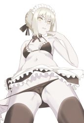 1girl apron artoria_pendragon_(all) artoria_pendragon_(alter_swimsuit_rider)_(second_ascension)_(fate) artoria_pendragon_(fate) bikini bikini_pull black_bikini black_thighhighs breasts cameltoe choker clothes_pull colored_skin cowboy_shot fate/grand_order fate_(series) from_below gluteal_fold grey_hair hair_bun hair_ribbon hand_to_own_mouth maid maid_bikini maid_headdress navel ningen_(ningen96) open_mouth pale_skin ribbon ribbon-trimmed_bikini saber_alter short_hair simple_background single_hair_bun small_breasts solo swimsuit thighhighs unconventional_maid waist_apron white_background white_skin yellow_eyes rating:Questionable score:14 user:danbooru