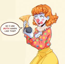  clown clown_nose english_text orange_hair polka_dot sexually_suggestive  rating:Sensitive score:21 user:ThatOneGuyYouSaw