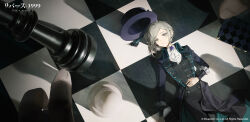  1girl 1other absurdres ascot black_pants black_vest boater_hat checkered_background checkered_floor chess_piece chessboard coat collared_shirt cowboy_shot cqqqqdaze dress_shirt from_above gem grey_eyes grey_hair hair_bun hand_on_own_stomach hat highres kodona lolita_fashion long_sleeves looking_at_viewer lying mini_person minigirl official_art on_back pants parted_lips pov pov_hands purple_coat purple_gemstone purple_hat reverse:1999 shadow shirt short_hair single_side_bun solo_focus swept_bangs unworn_headwear vertin_(reverse:1999) vest waistcoat white_ascot white_shirt 
