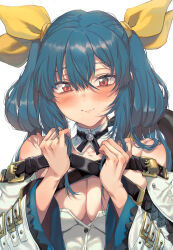  1girl belt black_belt blue_hair blush breasts cleavage closed_mouth commentary_request detached_sleeves dizzy_(guilty_gear) dress eyebrows_hidden_by_hair guilty_gear guilty_gear_xrd hair_between_eyes hair_ribbon hands_up highres kayanogura long_hair long_sleeves looking_at_viewer medium_breasts red_eyes ribbon simple_background smile solo twintails upper_body white_background white_dress white_sleeves wide_sleeves yellow_ribbon 