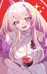 1girl alcohol blush breasts cleavage cockroach_girl cup drinking_glass fang highres large_breasts long_hair looking_at_viewer matara_kan matara_kan_(1st_costume) monster_girl open_mouth pale_skin pink_hair red_background red_eyes smile tongue virtual_youtuber vshojo wine wine_glass