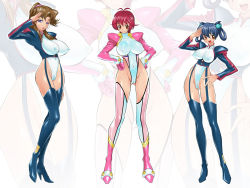  00s 3girls aoi_anna artist_request blush boots breasts cameltoe cleft_of_venus covered_erect_nipples formal garter_straps hands_on_own_hips high_heel_boots high_heels highleg highleg_leotard large_breasts leotard momozono_momoko multiple_girls nipples pilot_suit salute sasagure_konami shinkon_gattai_godannar!! skin_tight smile suit thigh_boots thighhighs zoom_layer  rating:Questionable score:48 user:Furio