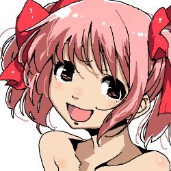  1girl chiisan female_focus glasses kaname_madoka looking_at_viewer lowres mahou_shoujo_madoka_magica nude pink_eyes pink_hair portrait purple_eyes simple_background smile solo white_background 