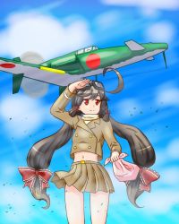  1girl ahoge aircraft brown_hair commentary_request day fairy_(kancolle) google_glass hair_ribbon highres j7w_shinden kantai_collection long_hair looking_afar low_twintails midriff navel pilot_uniform red_eyes ribbon shan_zhu_feiyue shinden_(kancolle) sky solo twintails vehicle_focus 