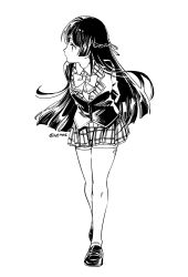  1girl arms_behind_back black_hair full_body highres leaning_forward long_hair looking_to_the_side monochrome natsume_(menthol) nijisanji school_uniform solo standing thighhighs tsukino_mito very_long_hair virtual_youtuber white_thighhighs 