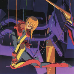  1990s_(style) 1girl beam_cannon blue_eyes boots bound cable commentary cover damaged debris dirty dvd_cover english_commentary entangled gloves gundam gundam_zz highres key_visual kitazume_hiroyuki looking_at_viewer machinery magazine_scan mecha mobile_armor mobile_suit muzzle official_art orange_hair pain pilot_suit production_art promotional_art psyco_gundam_mk_ii puru_two retro_artstyle robot scan science_fiction shorts spacesuit tied_up_(nonsexual) traditional_media unworn_headwear upper_body v-fin zero_gravity 