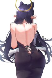 1girl ass auraaa back back_focus backless_outfit bare_shoulders black_hair blush butt_crack duplicate ear_blush halo highres hololive hololive_english long_hair low_wings ninomae_ina&#039;nis ninomae_ina&#039;nis_(1st_costume) pointy_ears simple_background solo virtual_youtuber white_background wings rating:Sensitive score:72 user:danbooru